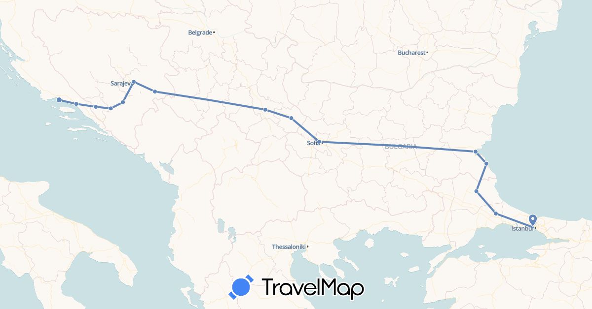 TravelMap itinerary: driving, cycling in Bosnia and Herzegovina, Bulgaria, Croatia, Serbia, Turkey (Asia, Europe)