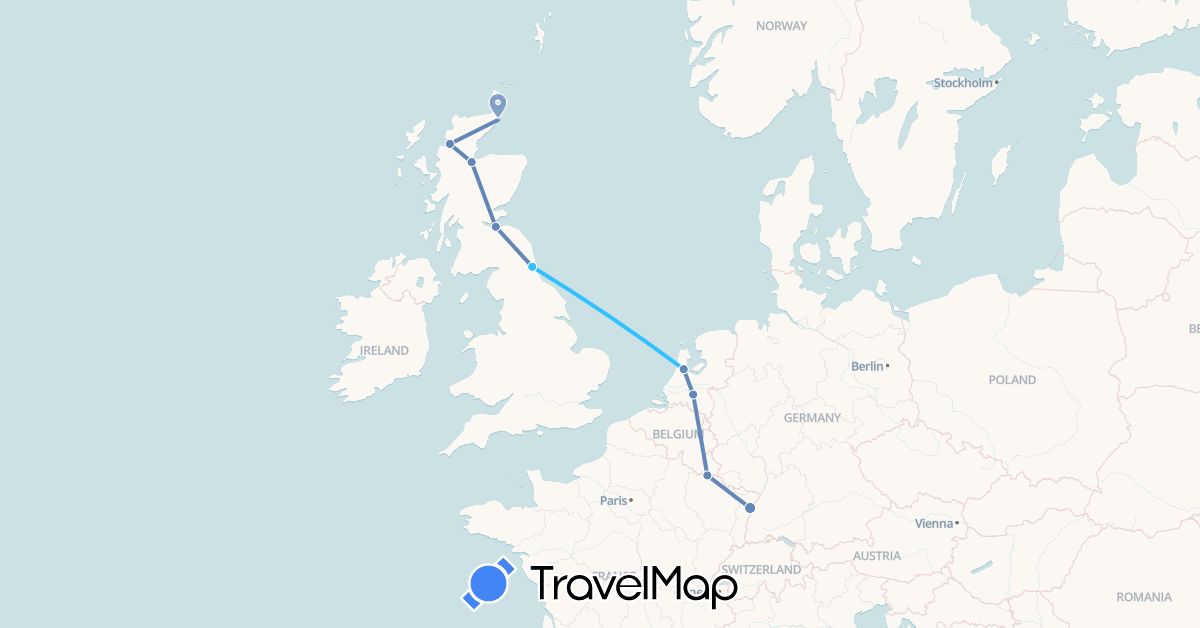 TravelMap itinerary: driving, cycling, boat in France, United Kingdom, Netherlands (Europe)